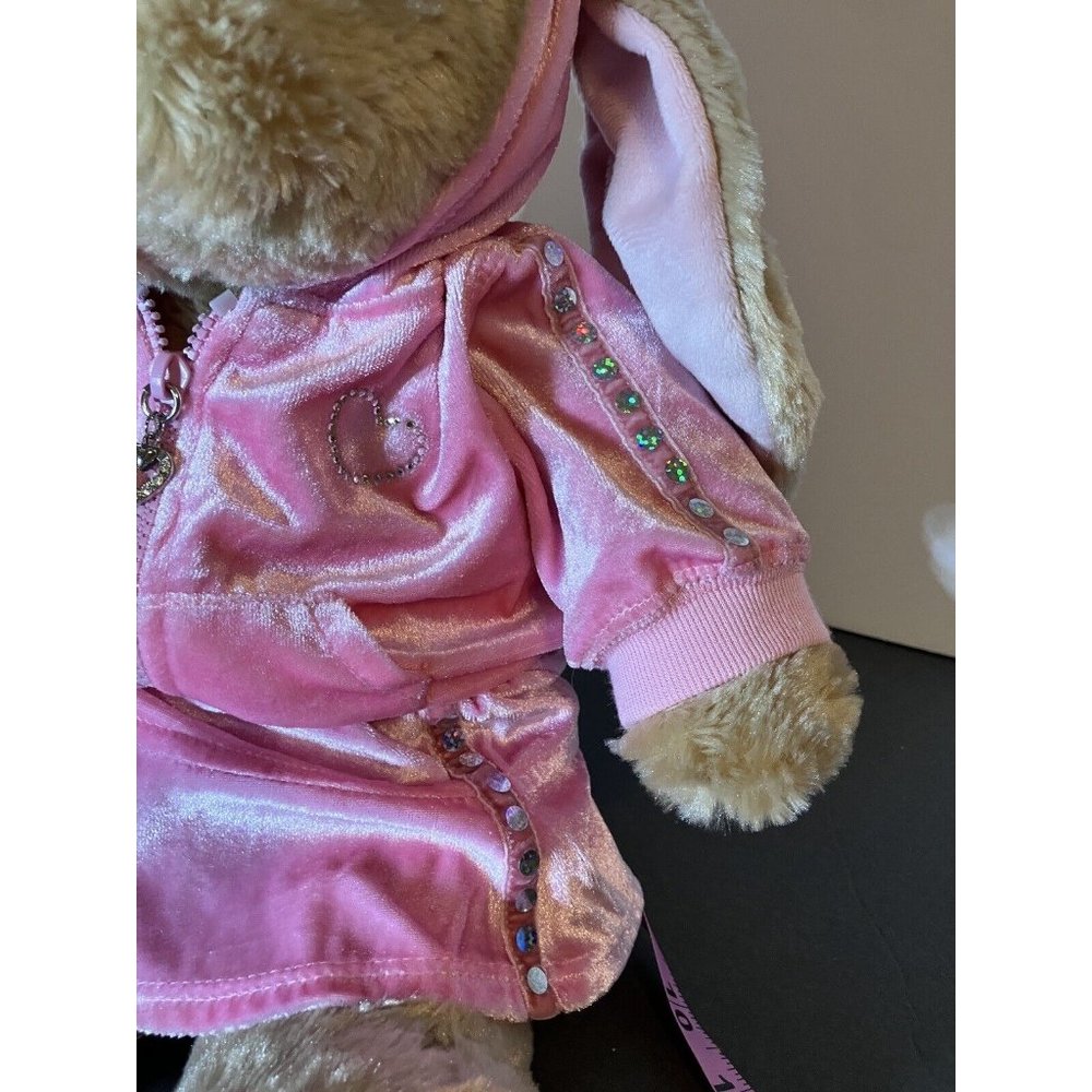 Build-A-Bear Tan Bunny Floppy Ears w/Pink Velvet  Rhinestone Hoodie Skirt Outfit - Picture 4 of 16